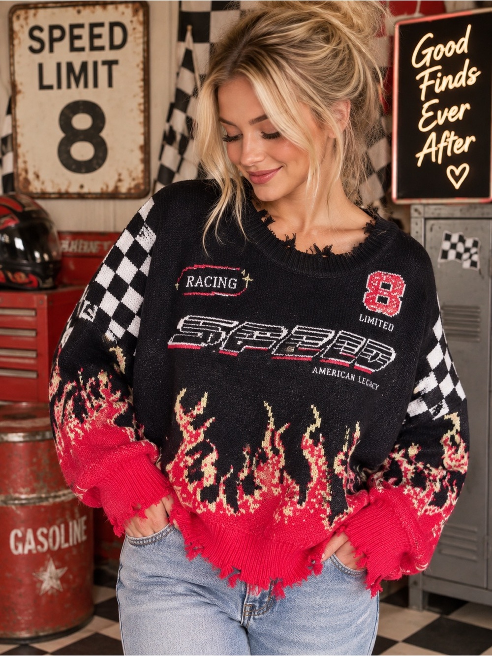 S - Unbranded - Women's Black & Red Racing Graphic Sweater oversized